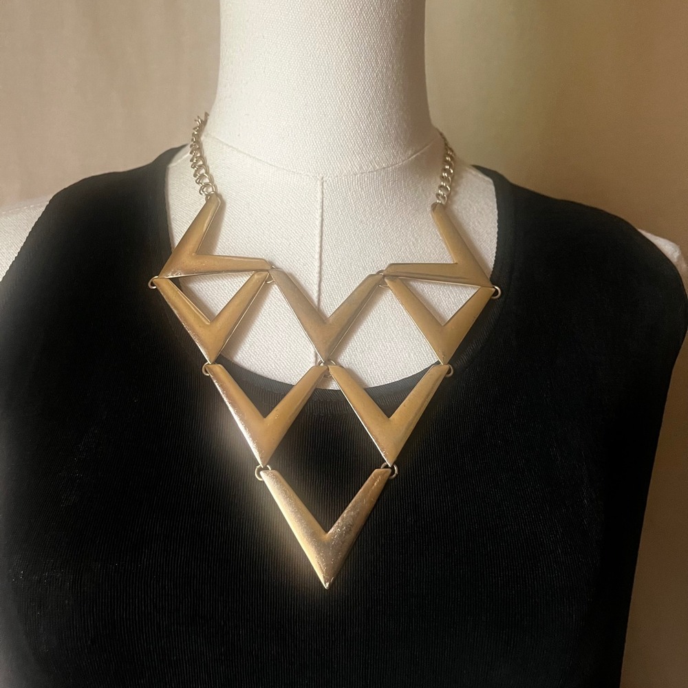 Vintage Gold Tone Geometric Chevron Statement Necklace Modernist Bib 19-22"
